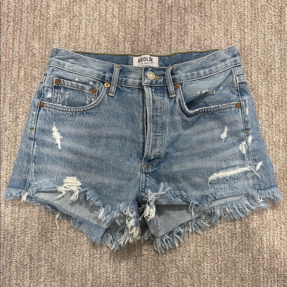 Agolde Light Blue Distressed Denim Cutoff Shorts